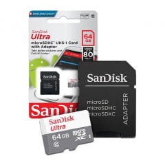 Cartão de Memória SanDisk 64GB Micro SD Ultra 80MB/s