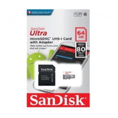 Cartão de Memória SanDisk 64GB Micro SD Ultra 80MB/s